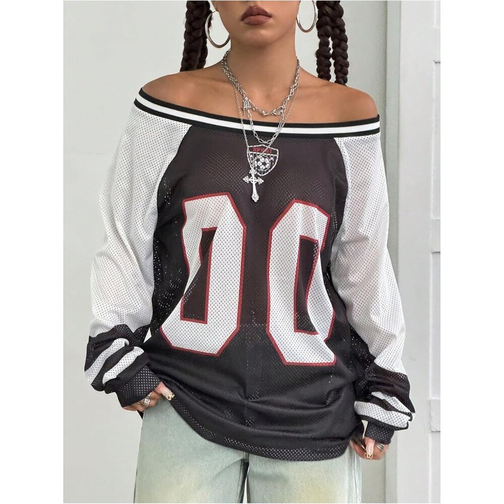Y2K Mesh Jersey Shirt Women's Oversized Long Sleeve Graphic Tee Casual - Picture 5 of 6
